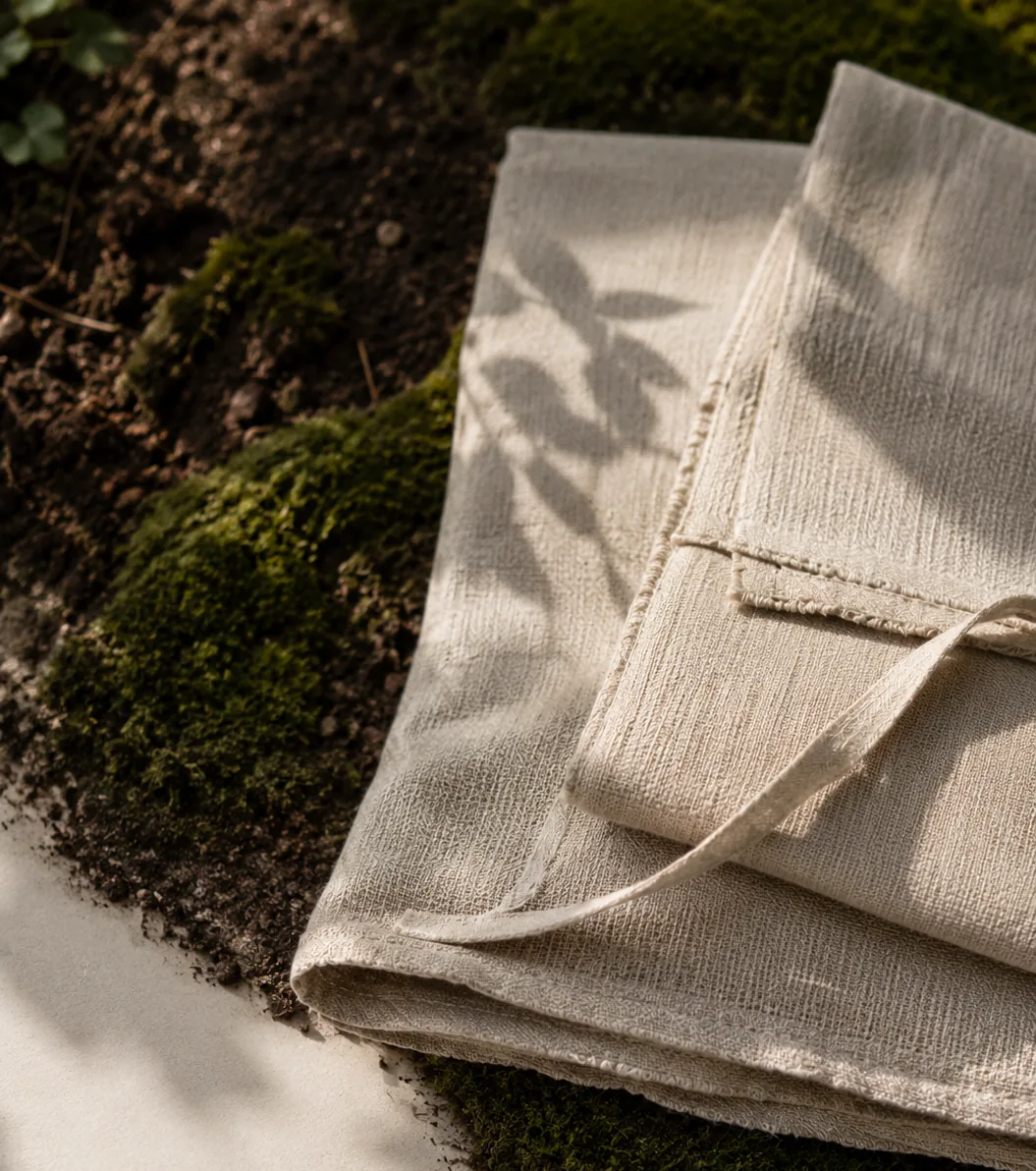 re:turn project visual: folded undyed cloth with a cloth tie, resting on moss.